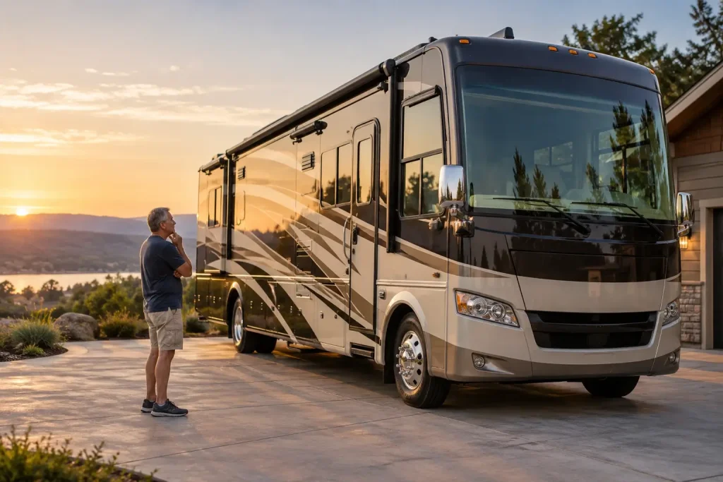 OneRVBuyer - Man looking at the motorhome he owns