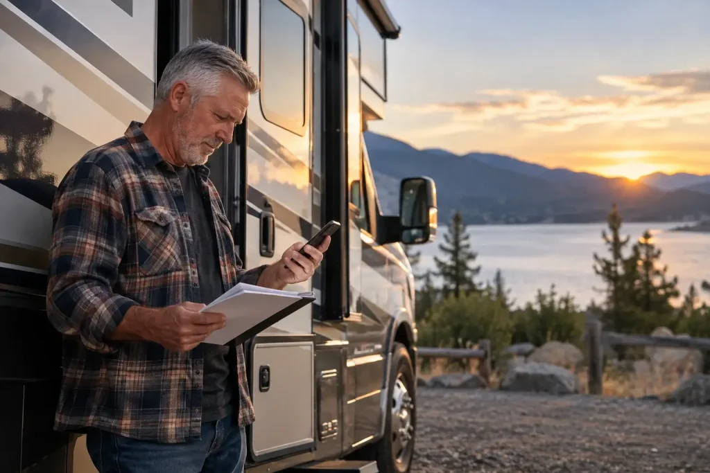 OneRVBuyer - Man standing next to camper looking at phone with documents in his hands