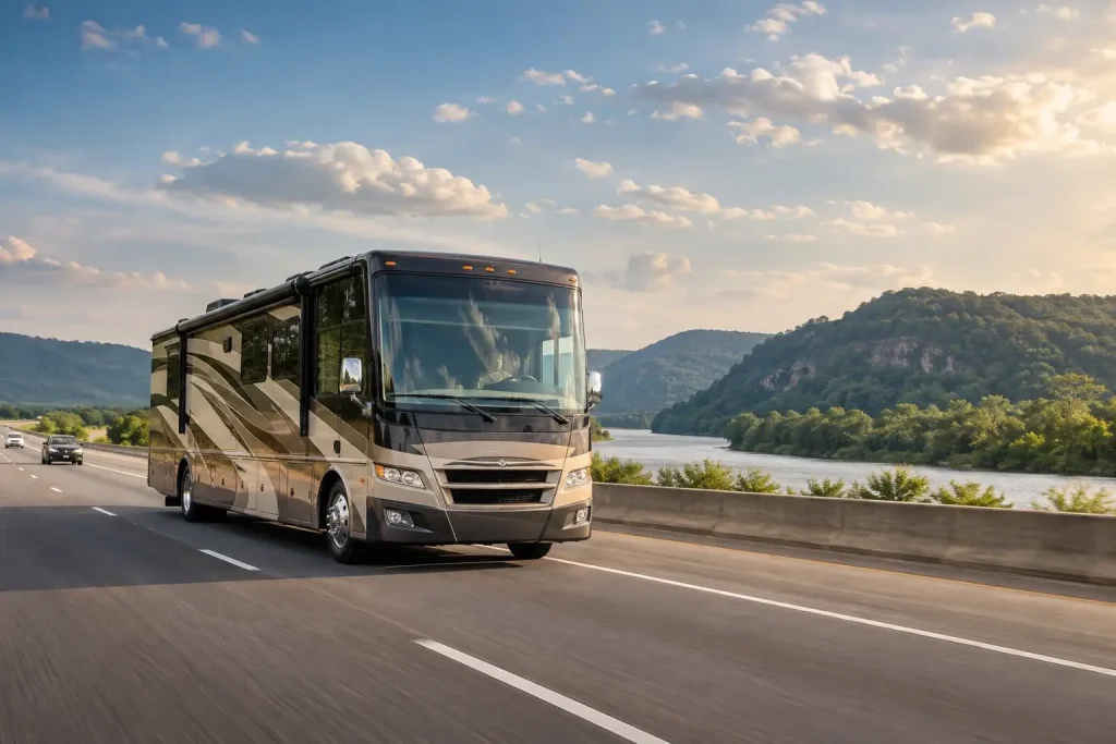 OneRVBuyer - Motorhome on the highway with a nice view upon the lake and hills