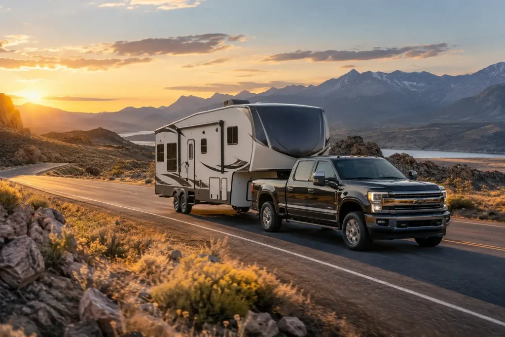 OneRVBuyer - Car towing a camper with a beautiful view of the mountains.