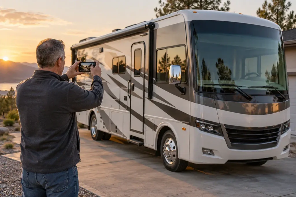 OneRVBuyer - A man taking a photo of his motorhome at sunset