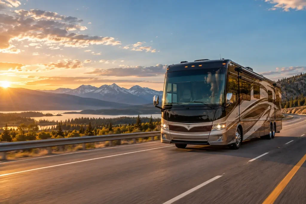 OneRVBuyer - Motorhome on the highway travelling at sunset