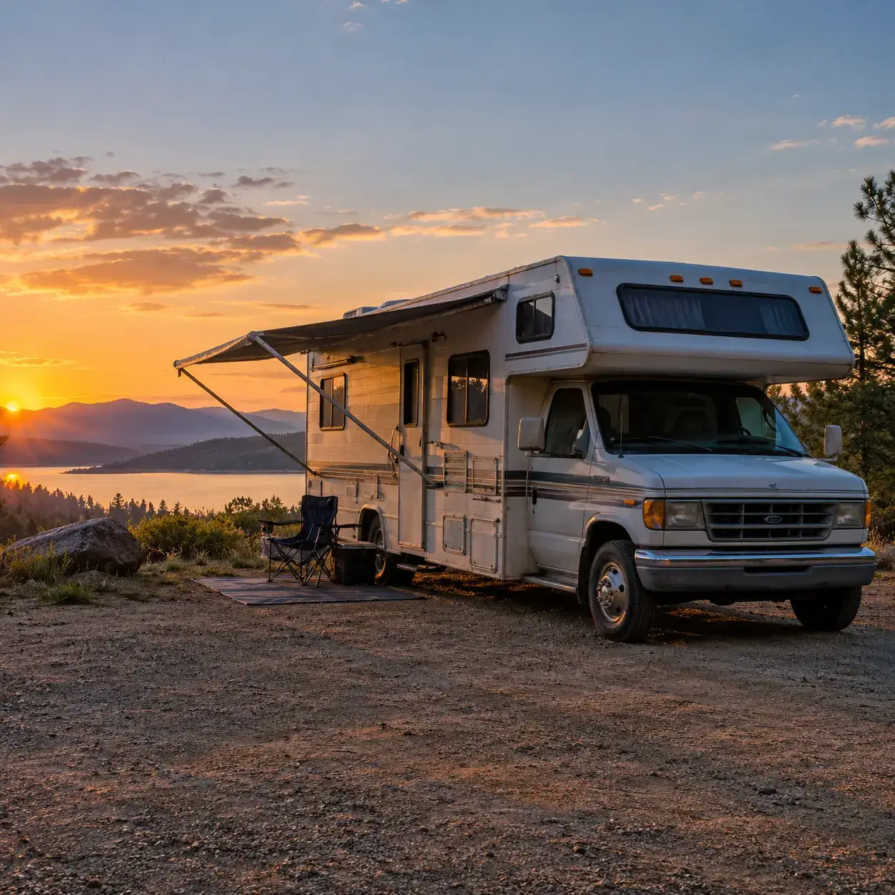 OneRVBuyer - Image with a camper RV at sunset