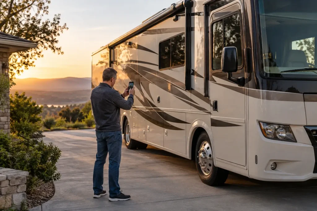OneRVBuyer - Man taking a photo of the motorhome with his phone.
