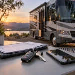 OneRVBuyer - A desk with keys and documents and a motorhome in the background at sunset