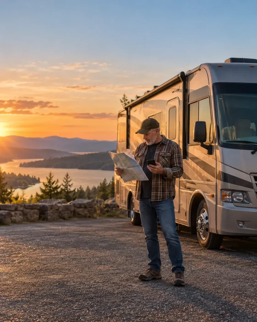 OneRVBuyer - Man sitting next to motorhome and reading documents