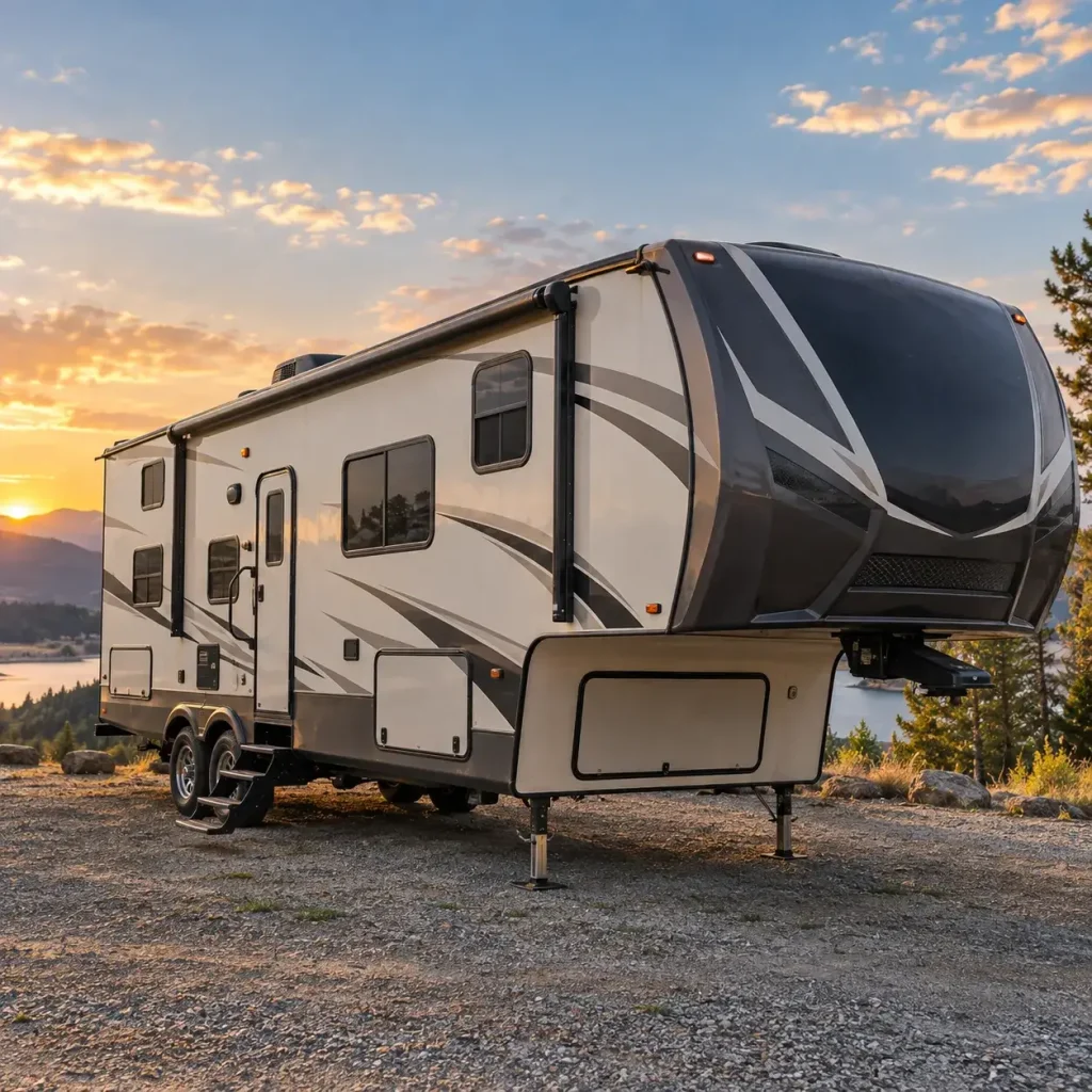 OneRVBuyer - Fifth Wheel on a driveway at sunset