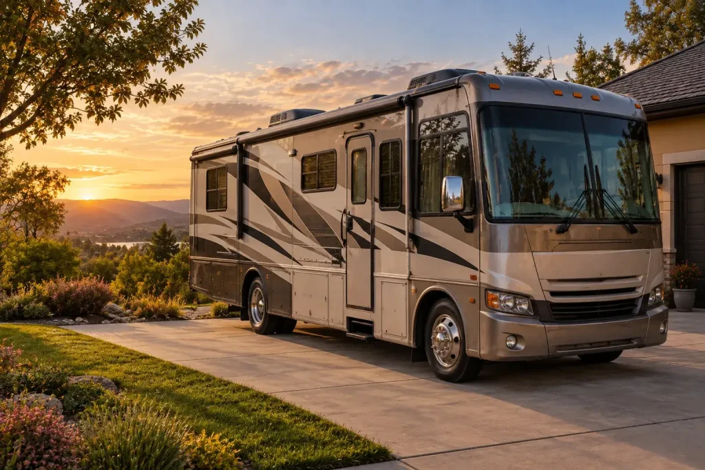 OneRVBuyer - Motorhome next to house on a street at sunset