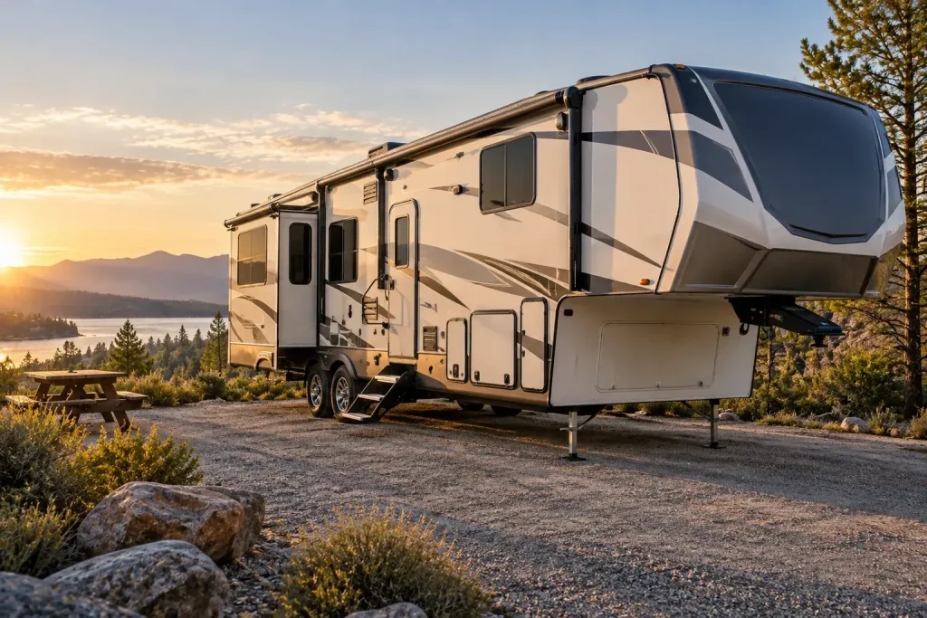 OneRVBuyer - Fifth Wheel parked on the street at sunset